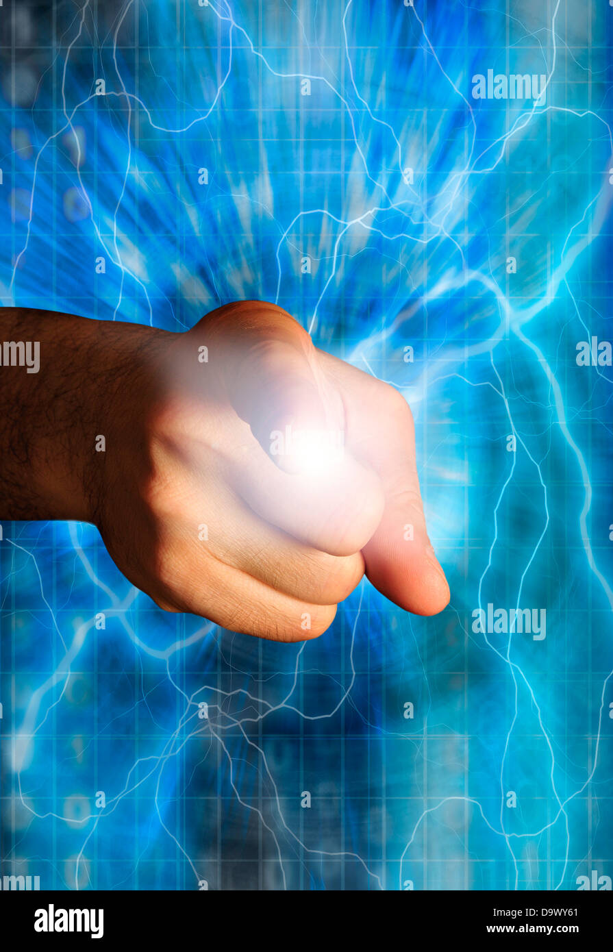male finger pointing forward and touching a screen generating electric ...