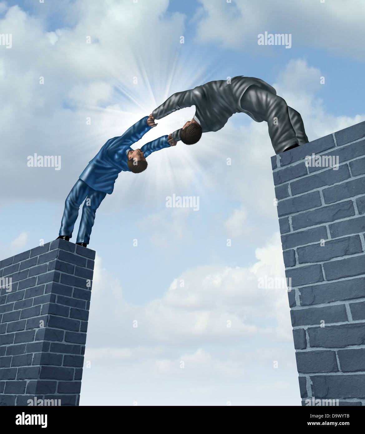 Building a bridge with a business team of two businessmen working together in a strong support partnership bridging the gap to connect in a successful solution to financial challenges. Stock Photo
