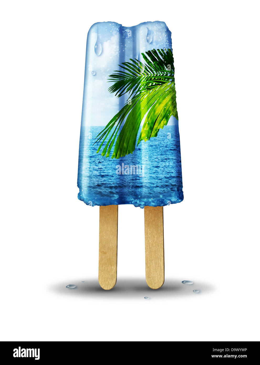 Cool Summer concept as a flavored frozen ice treat with a summertime tropical scene of ocean and palm tree in the cold refreshing dessert on a white background. Stock Photo