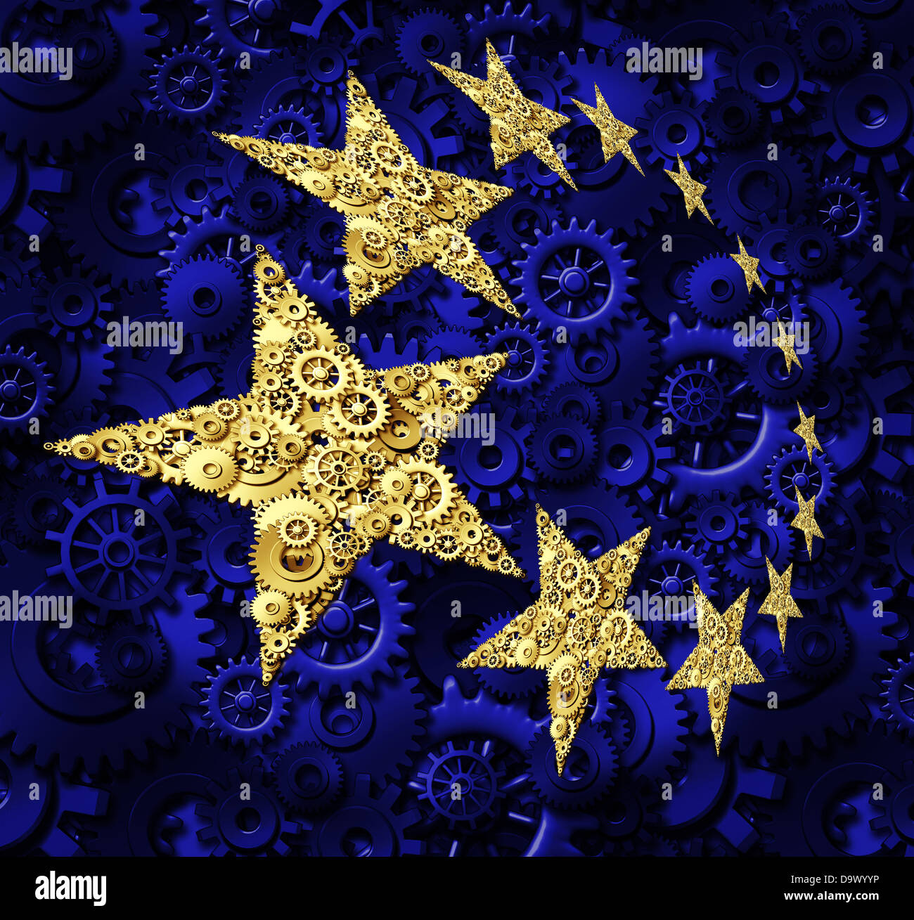 Europe industry and European Union economy business concept with a blue flag and yellow gold stars made of gears and cogs as a symbol of a working connected network from Germany France Italy and United Kingdom. Stock Photo