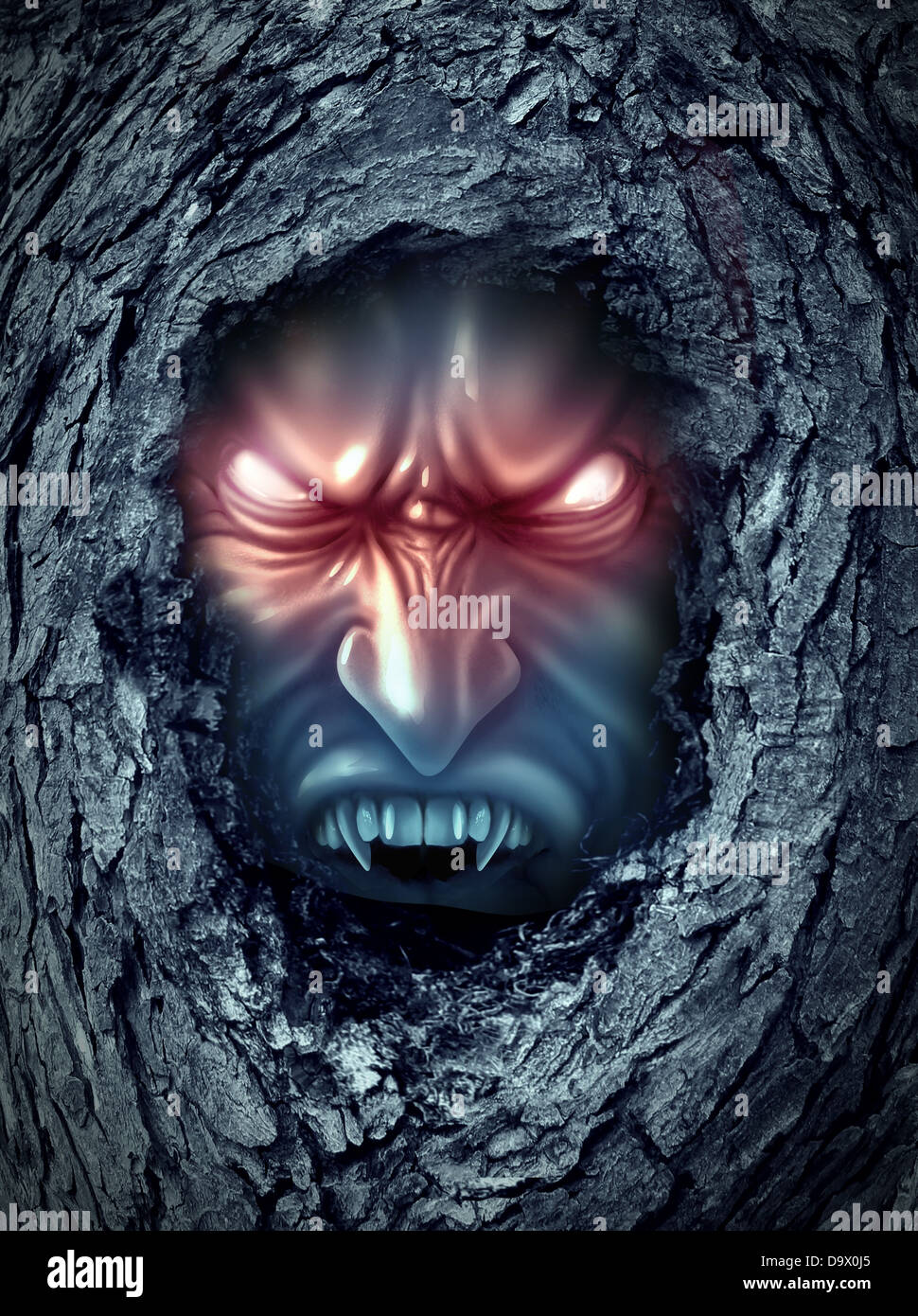 Vampire zombie ghost with glowing evil eyes living inside a dark old  haunted tree trunk as a halloween symbol of bad horror spirits haunting the  living world as a monster demon looking