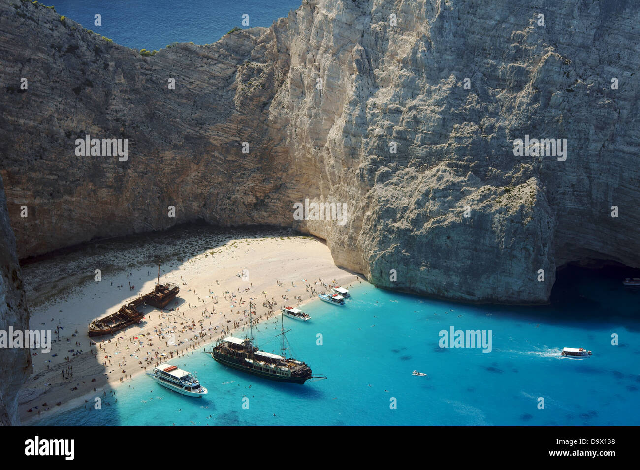 boats and shipwreck beach at Zakynthos island, Greece Stock Photo