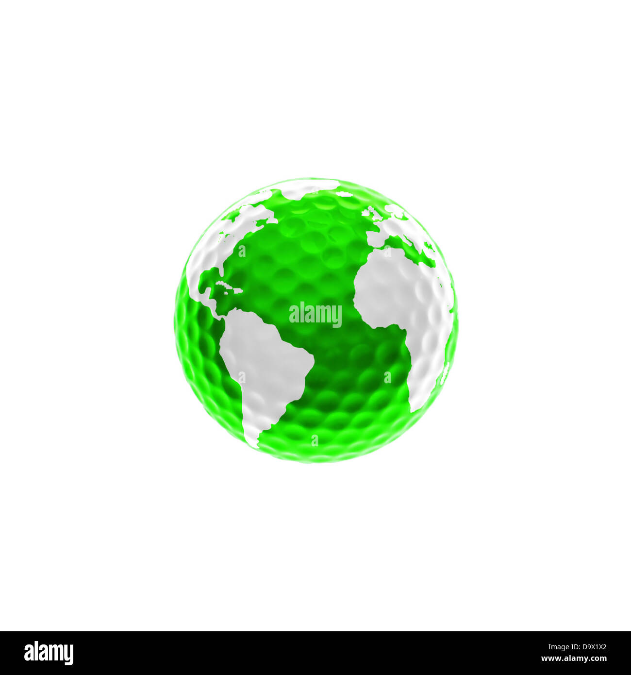 Green golf-ball with Africa, America and Europe isolated over white Stock Photo