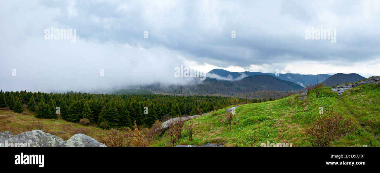 foggy weather in mountains, 180 degree panorama Stock Photo