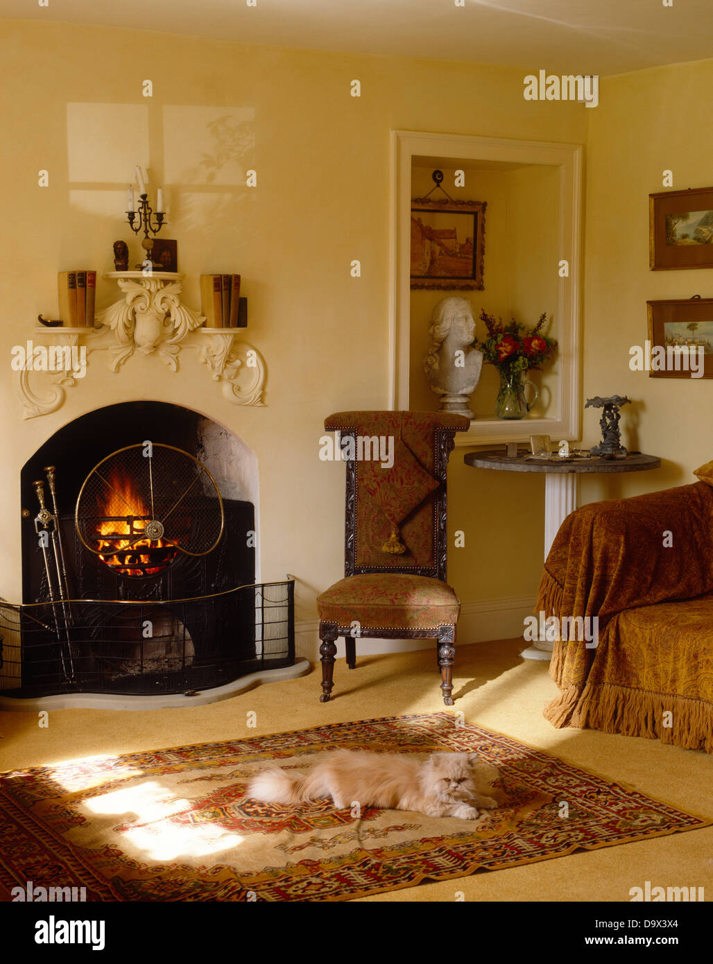 Cat on rug in front of fireplace with lit fire and unusual mantel shelf in living room  with antique chair in front of alcove Stock Photo