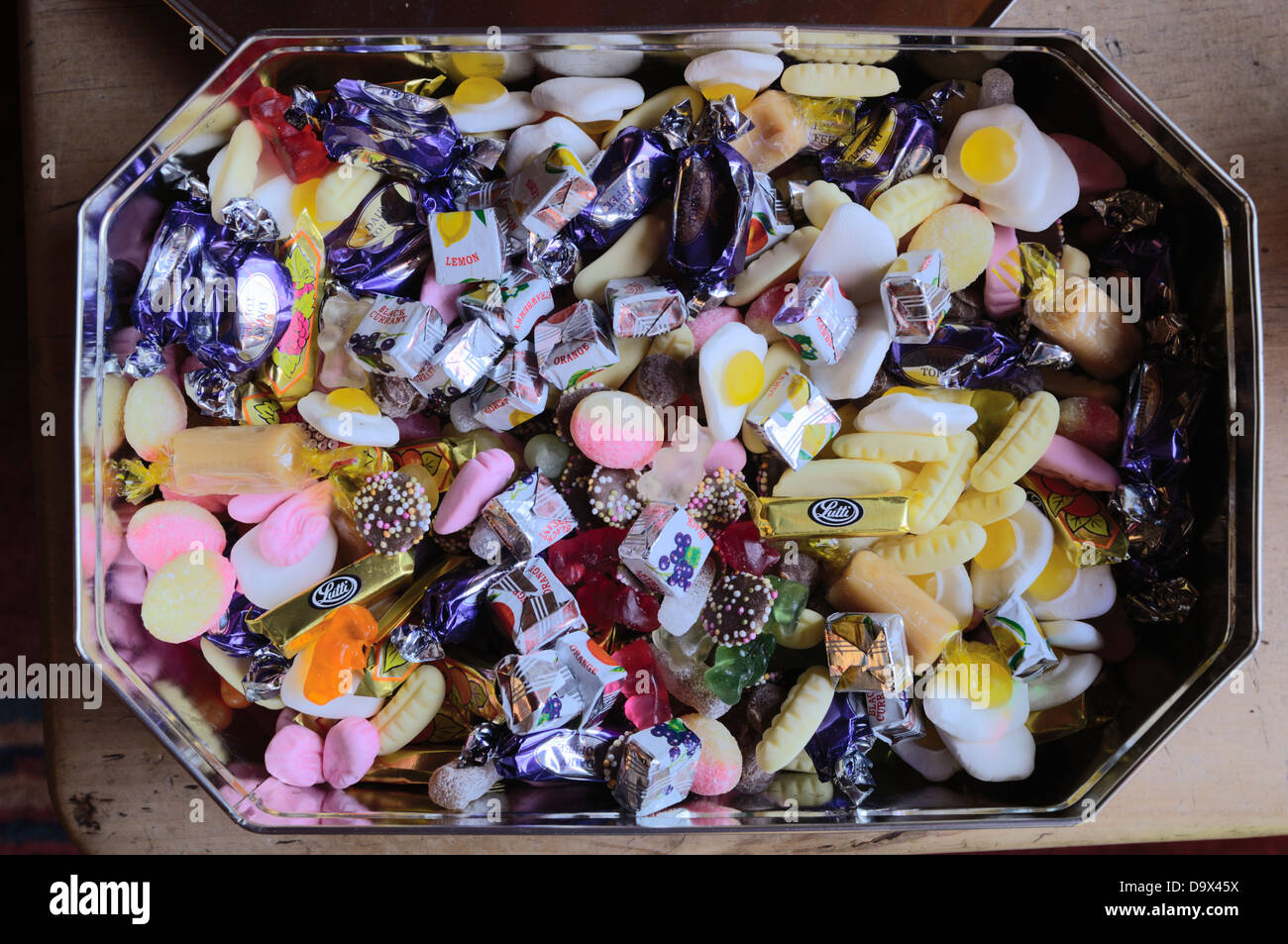 A tin full of pick and mix sweets, Wales, UK. Stock Photo