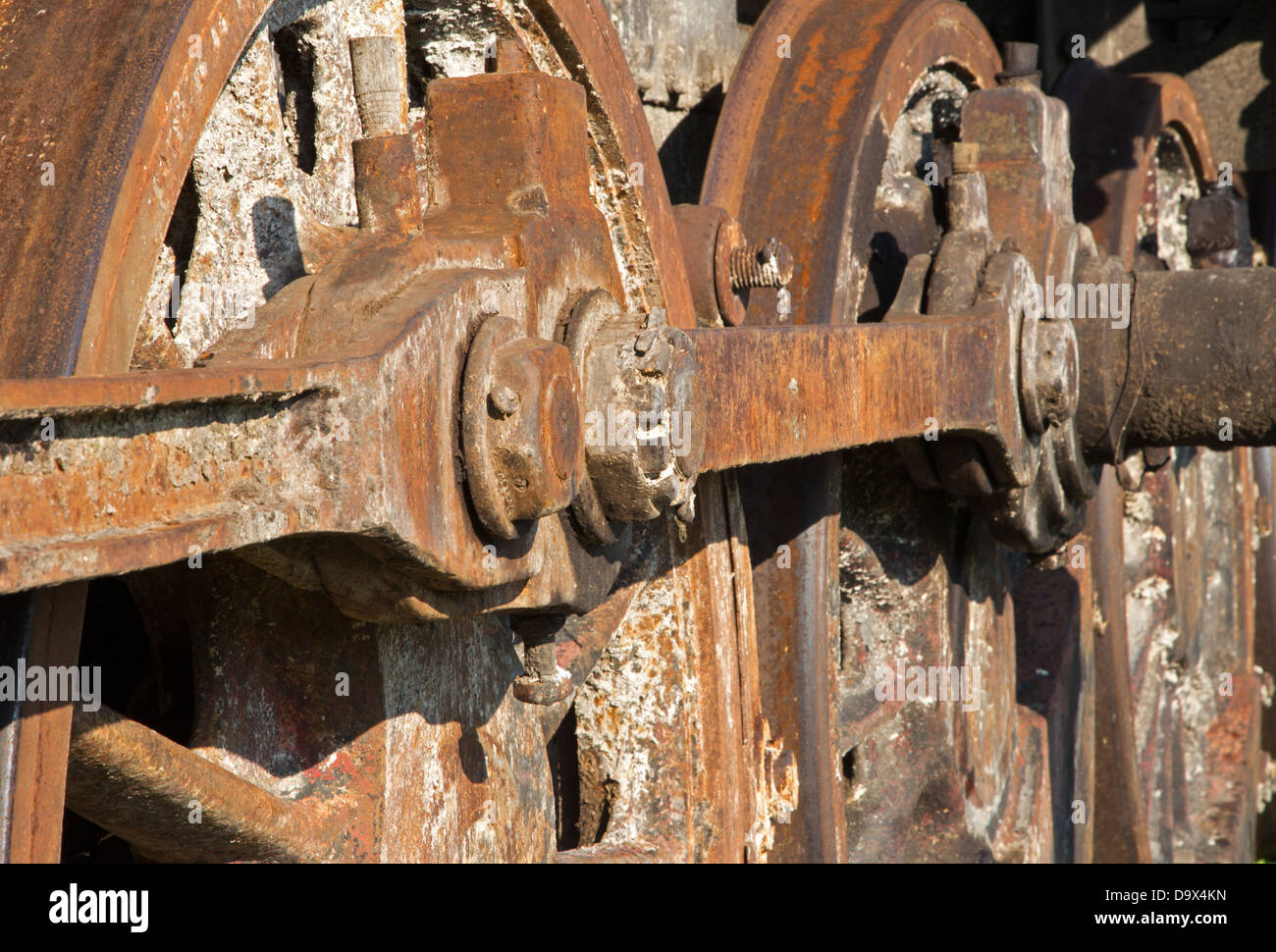 detail of driving rod mechanism on old steam locomotive in rust Stock Photo