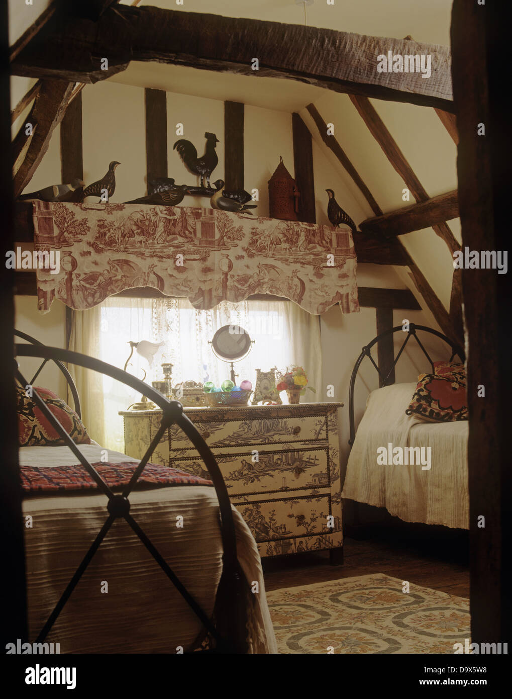 Pink Toile De Jouy Lambrequin On Window Above Chest Of Drawers