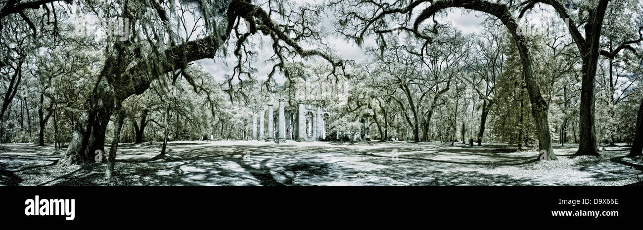 infrared panorama of old ruin and spooky forest Stock Photo