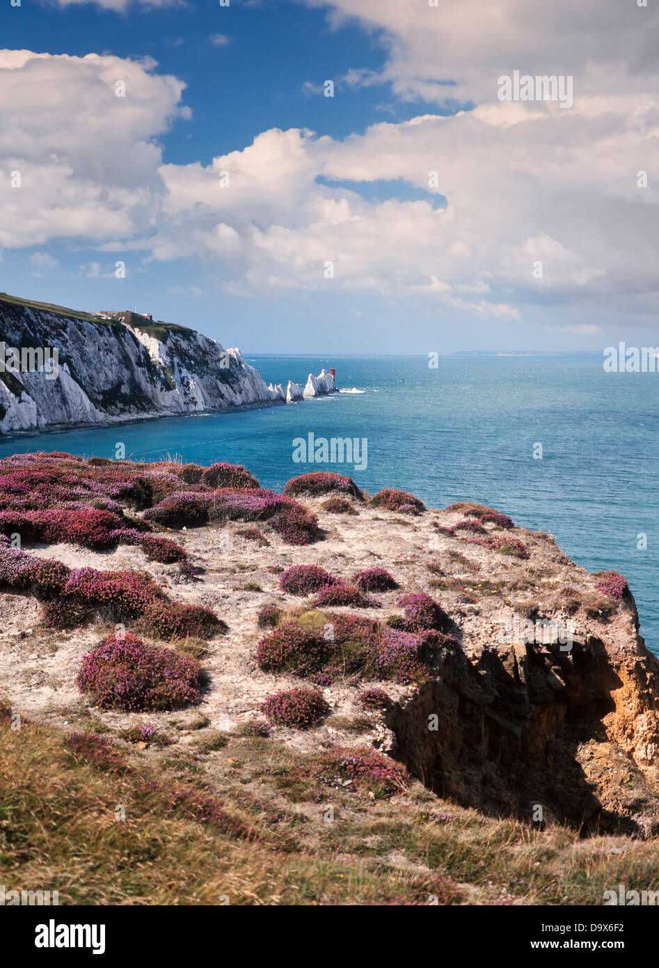 The Needles chalk cliffs coastline view, Isle of Wight, UK, bright ...