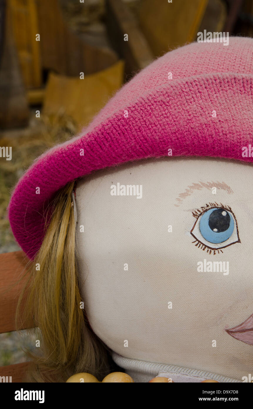 Part of an expressive doll face with hand drawn eyes and lips, a knit hat and real hair. Stock Photo