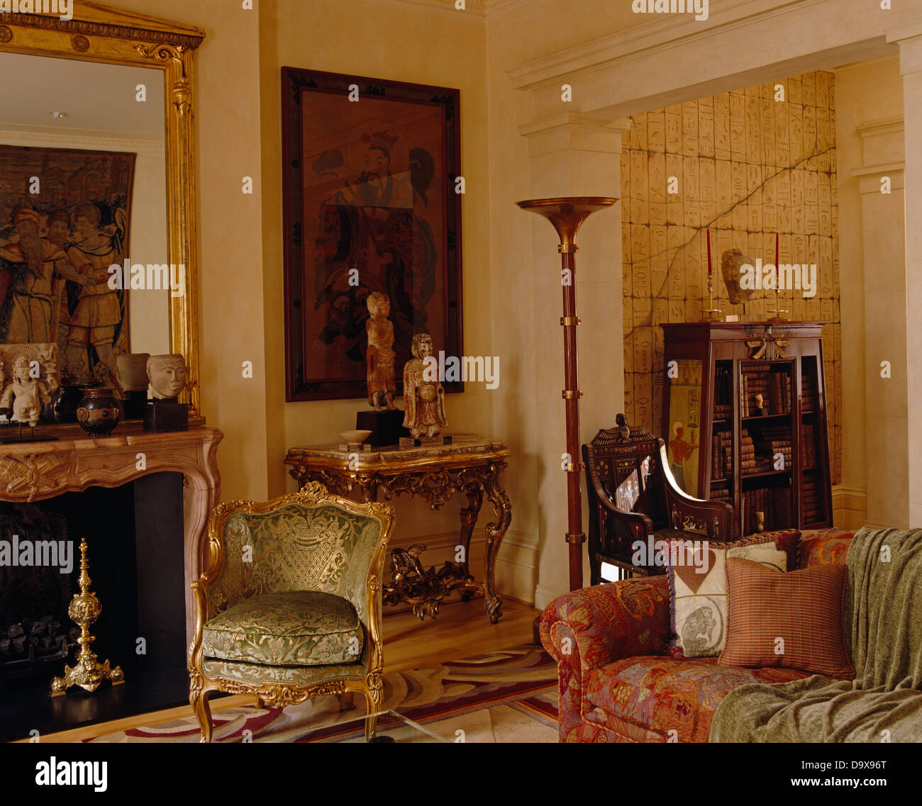 Upholstered Gilt Chair Next To Fireplace In Grand Drawing