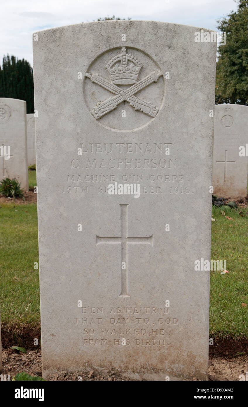 Grave of Lt G MacPherson in the CWGC Grove Town British Cemetery (or Grove Town Cemetery) , Meaulte, Somme, Picardy, France. Stock Photo