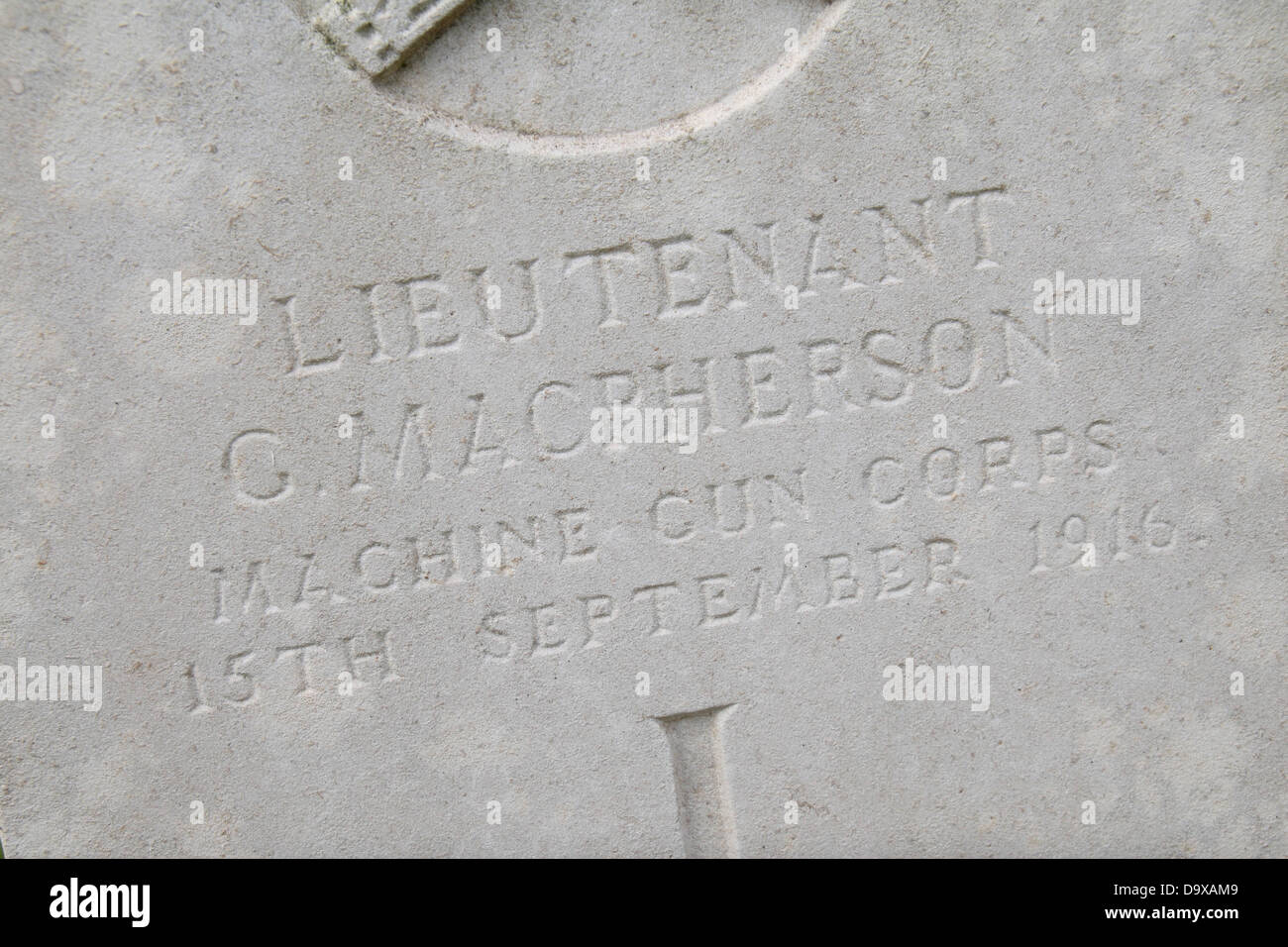Grave of Lt G MacPherson in the CWGC Grove Town British Cemetery (or Grove Town Cemetery) , Meaulte, Somme, Picardy, France. Stock Photo