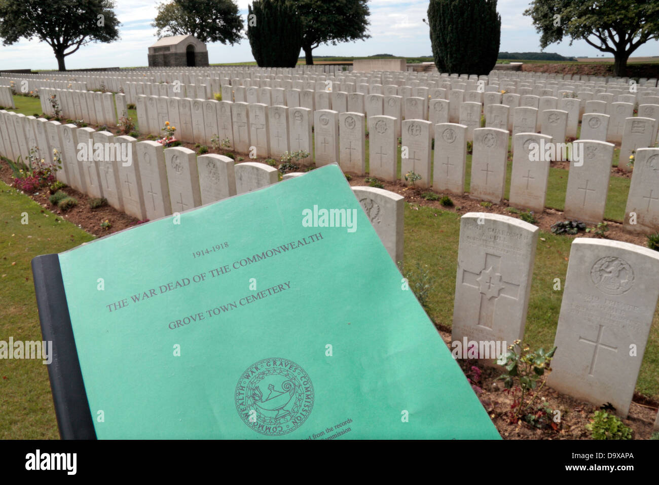 Typical CWGC grave register in the Grove Town British Cemetery (or