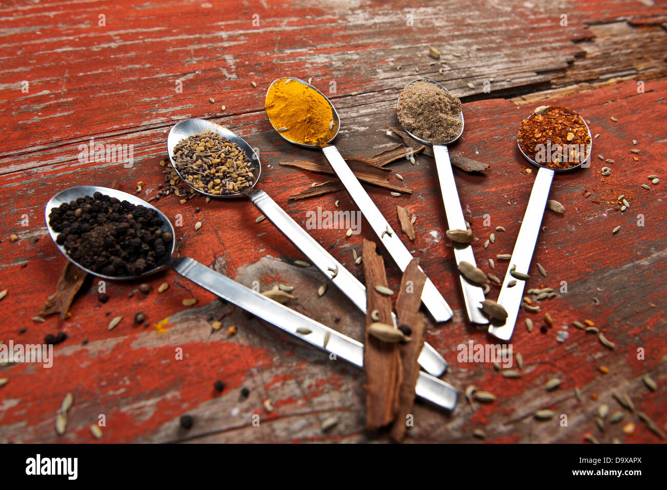 Table spoons heaped with different spices on an orange textured wooden
