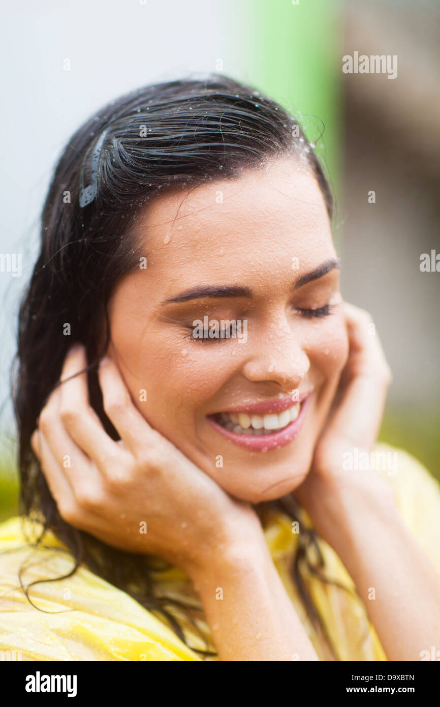happy young woman in raining day Stock Photo