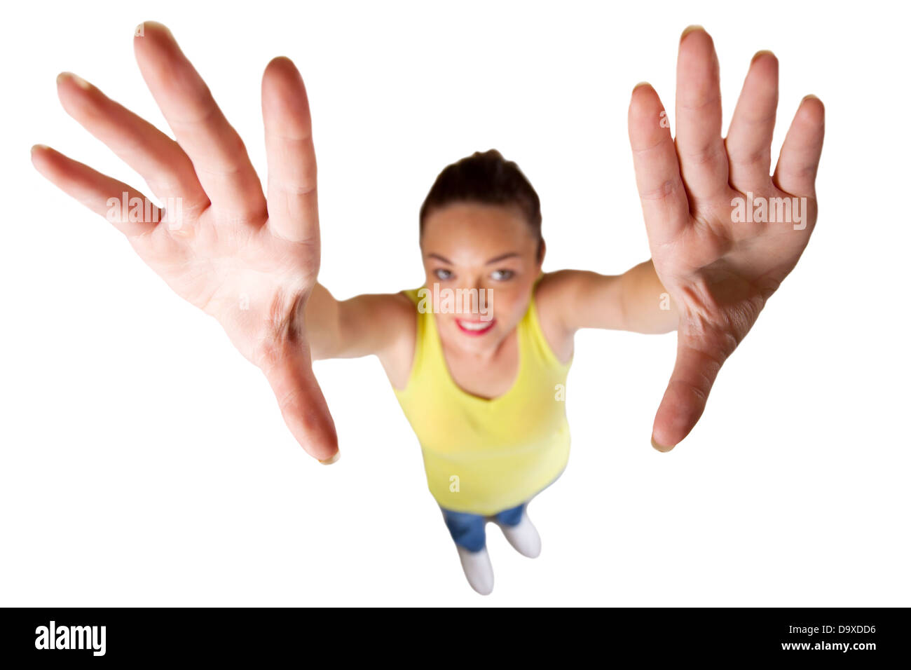 distorted photo of young woman reach out Stock Photo