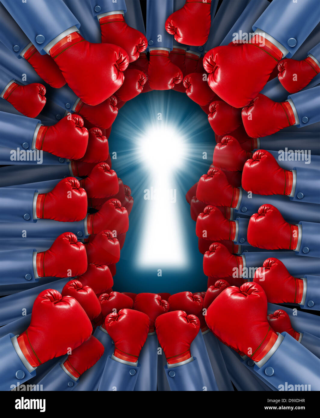 Competition key as a concept for a fight for the cure with an organized group of red boxing gloves fighting together to find a cure or solution shaped as a glowing lock hole. Stock Photo