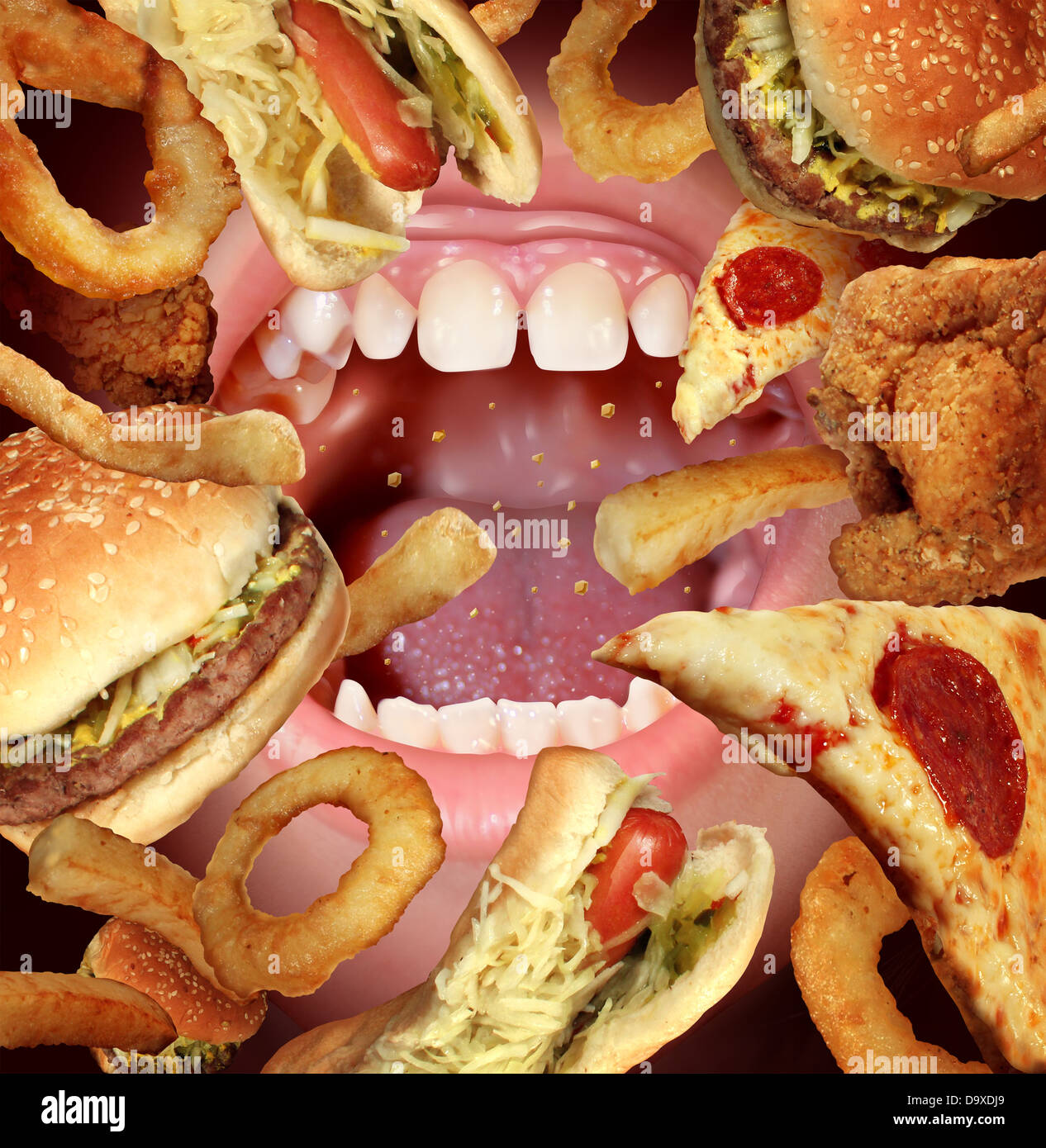 Eating problems and unhealthy diet struggling to follow healthy dieting as a health concept by the temptations of fried fast food as a hamburger hot dog french fries onion rings pizza with an opened hungry mouth. Stock Photo