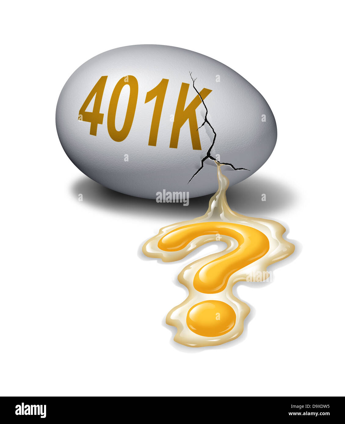 Retirement savings questions as a broken cracked egg with the word 401k that is leaking the yolk shaped as a question mark as a Stock Photo