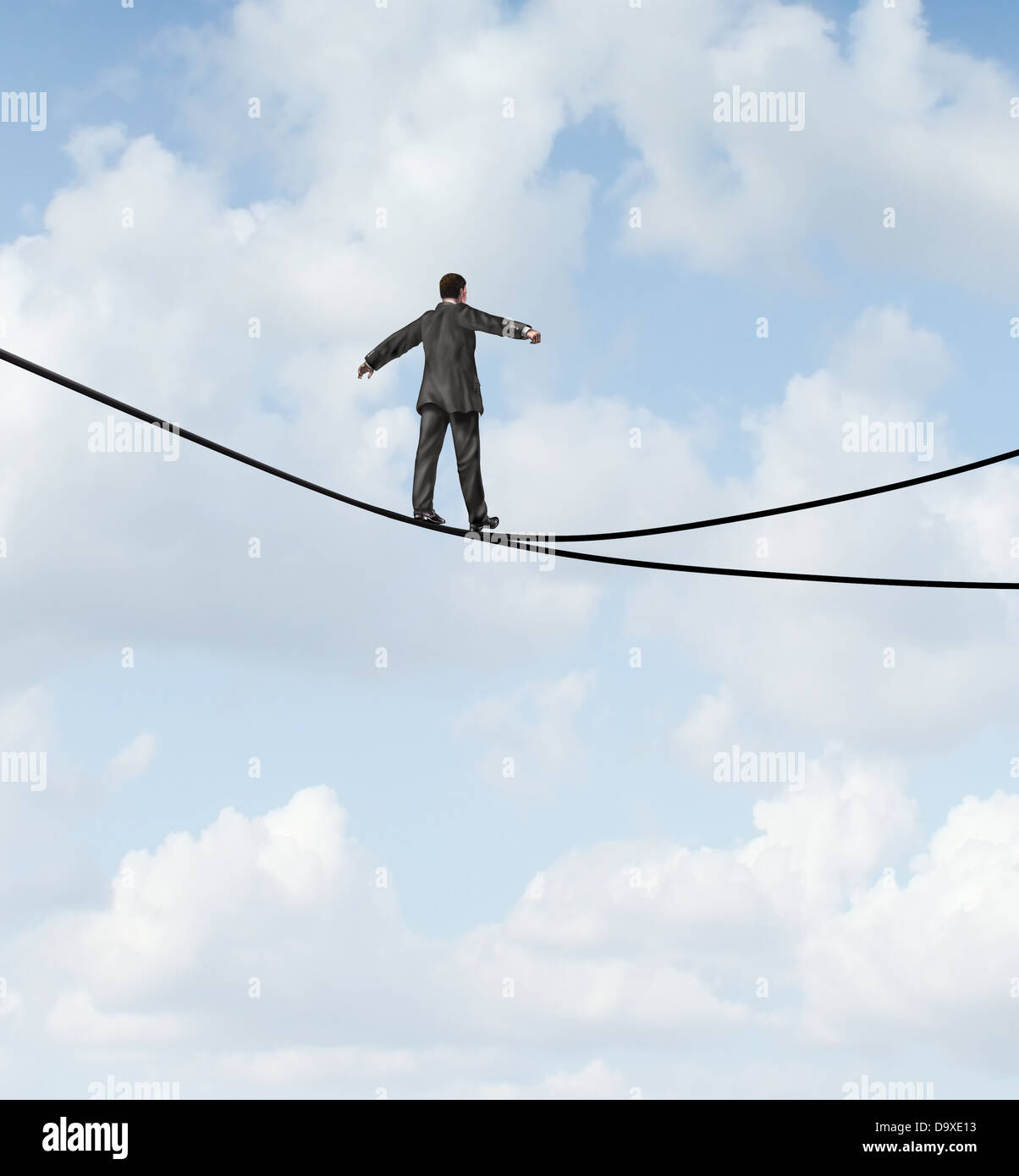 Risky choice business concept with a man walking a dangerous high wire tightrope that is in a crossroads splitting into two opposite directions as a symbol of strategy dilemma deciding on the best path. Stock Photo