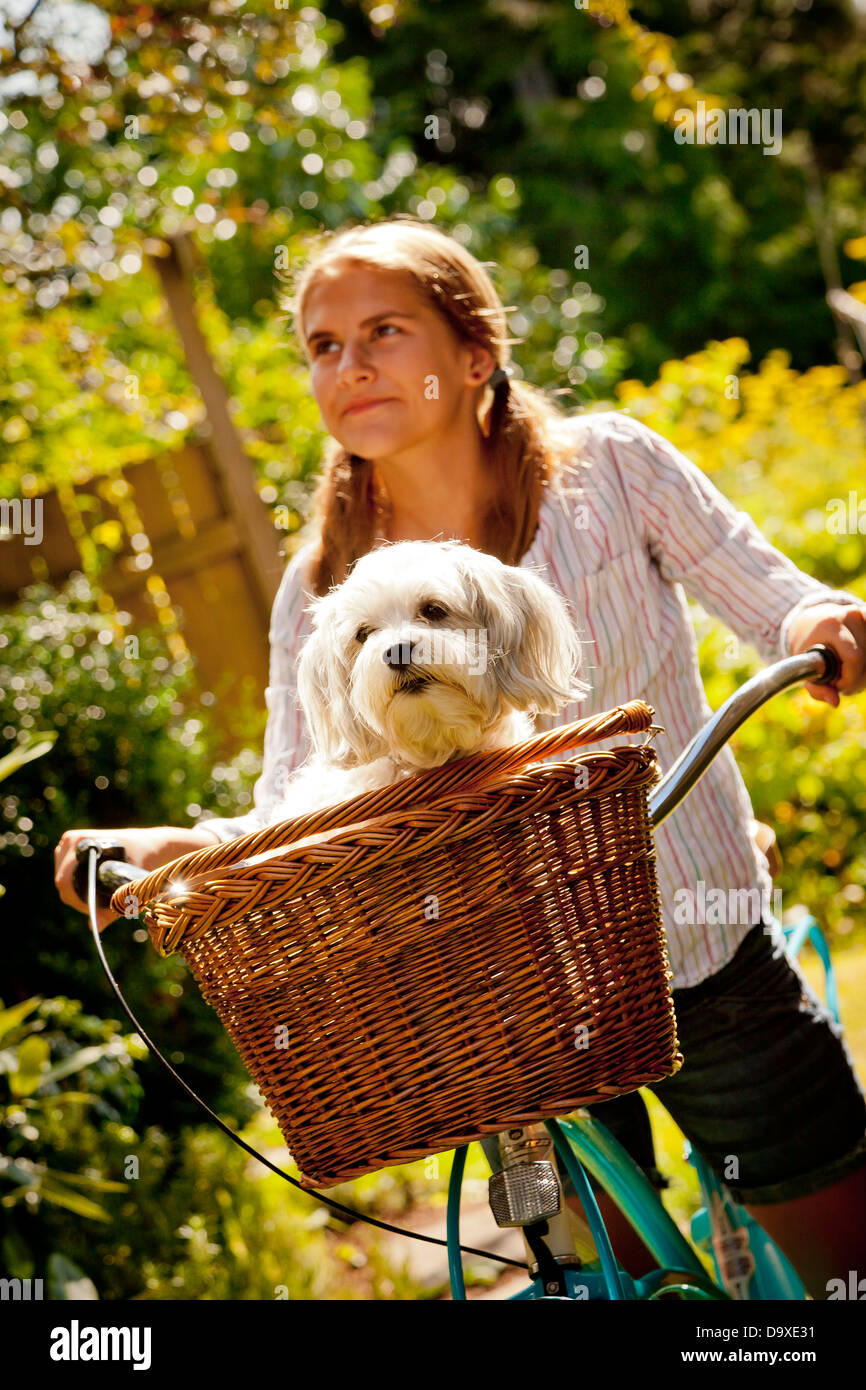 Teen girl on bike with dog in basket Stock Photo Alamy