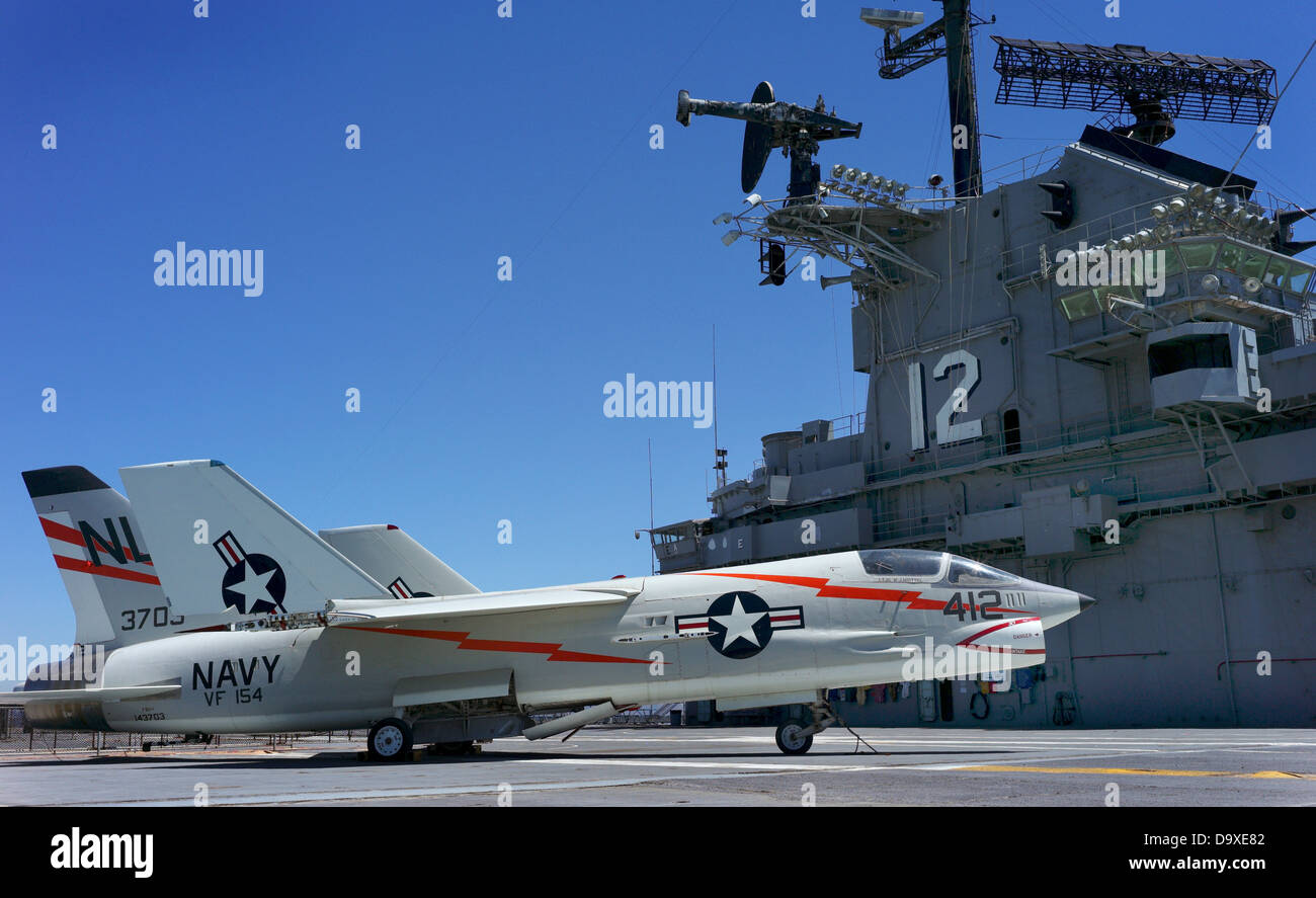 Chance Vought F-8 Crusader 'The Last Gunfighter' Navy Supersonic, Air-Superiority Fighter on flight deck of USS Hornet Stock Photo