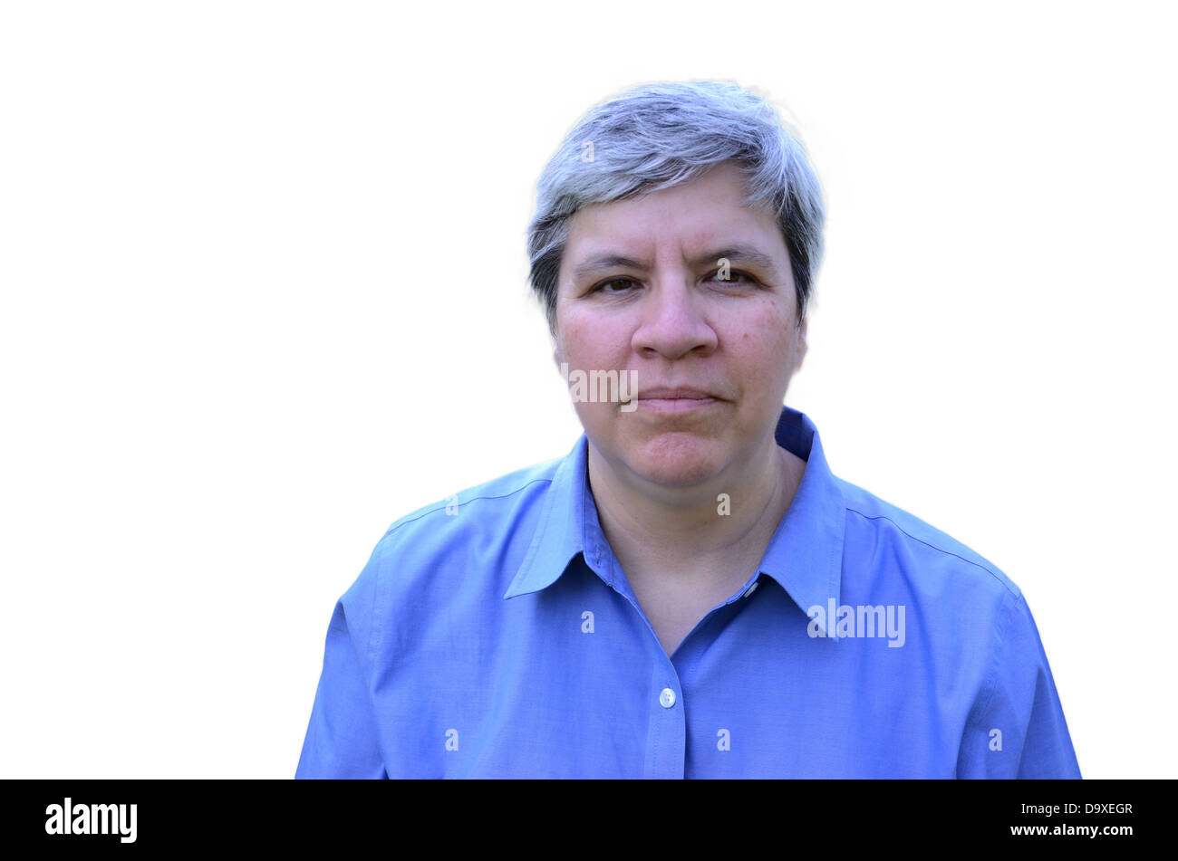 MIddle aged woman head shot with blue shirt isolated Stock Photo