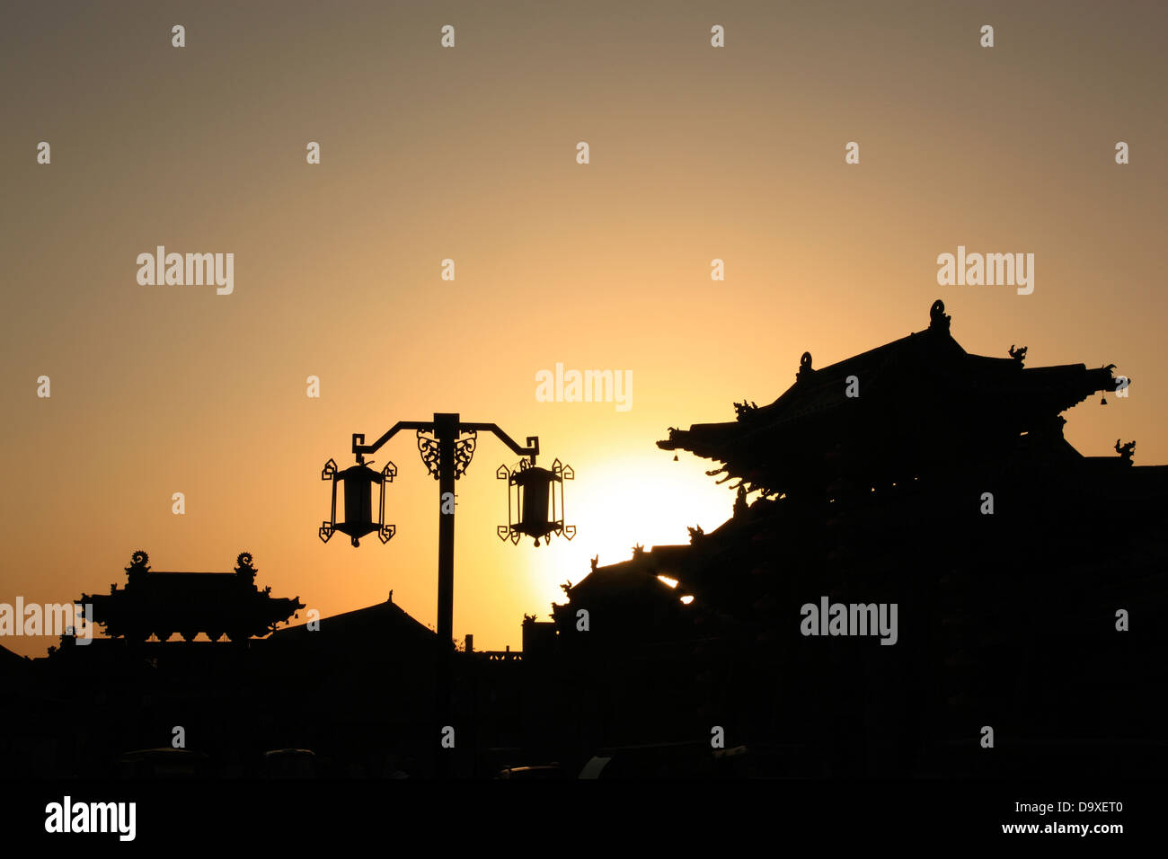 China, Shanxi Province, Pingyao County, Pingyao Ancient City, Cheng Huang Temple at sunset. Stock Photo