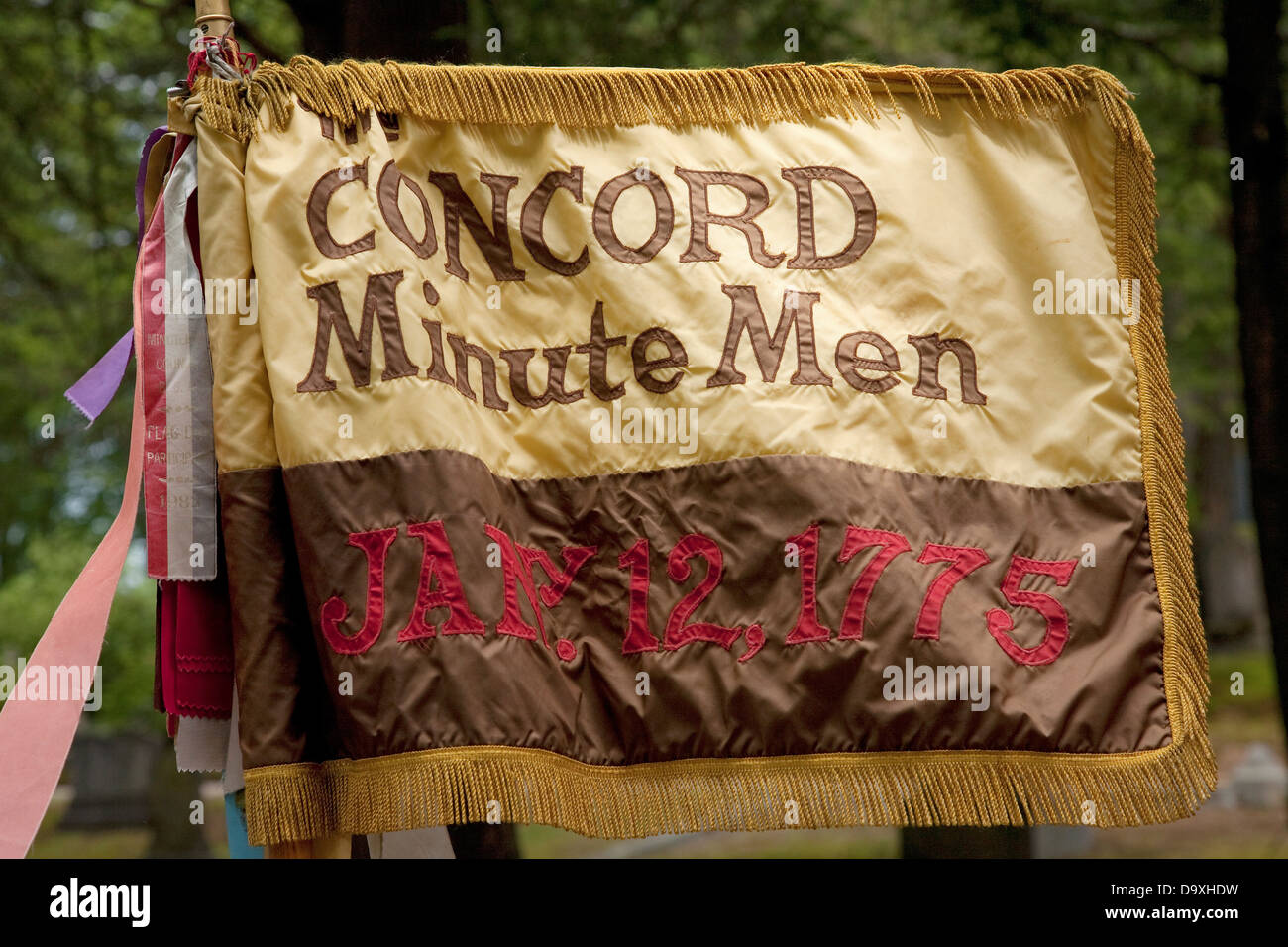 Flag for Concord Minutemen Revolutionary reenactors, Memorial Day, 2011, Concord, MA Stock Photo