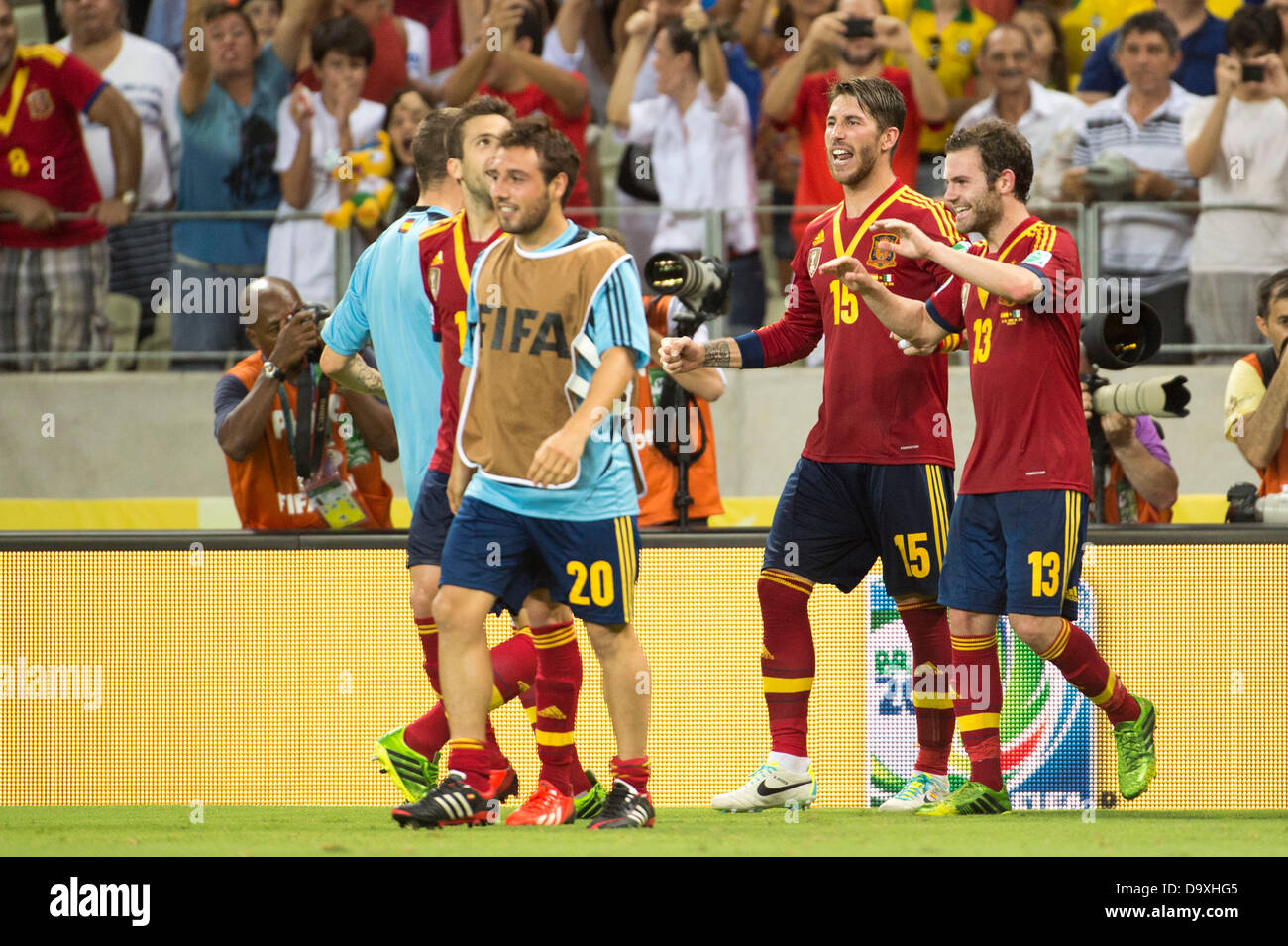 Spain team group (ESP), JUNE 27, 2013 - Football / Soccer : Sergio Ramos and Juan Manuel Mata of Spain celebrate after winning the penalty shoot-out during the FIFA Confederations Cup Brazil 2013 Semi-final match between Spain 0(7-6)0 Italy at Estadio Castelao in Fortaleza, Brazil. Credit: Maurizio Borsari/AFLO/Alamy Live News Stock Photo