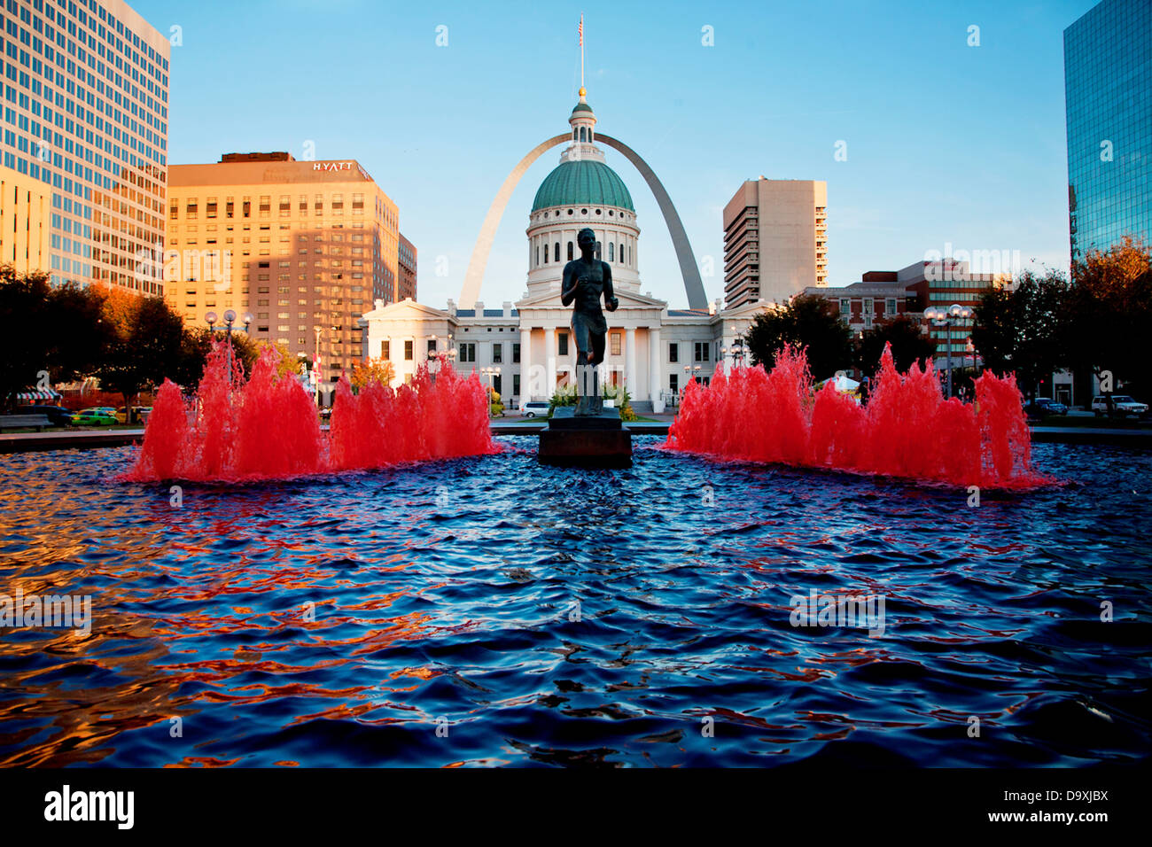 The historic Old Courthouse site Dred Scott decision in downtown St Louis Mo Has fountains running red during 2011 World Series Stock Photo