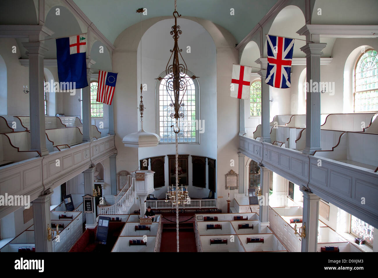 Elevated interior view historic Old North Church now known as Christ Church built 1723 where lantern was hung for Paul Revere's Stock Photo