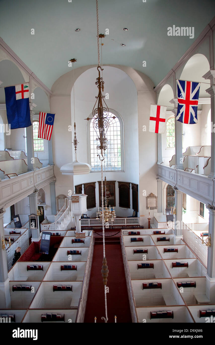 Elevated interior view historic Old North Church now known as Christ Church built 1723 where lantern was hung for Paul Revere's Stock Photo