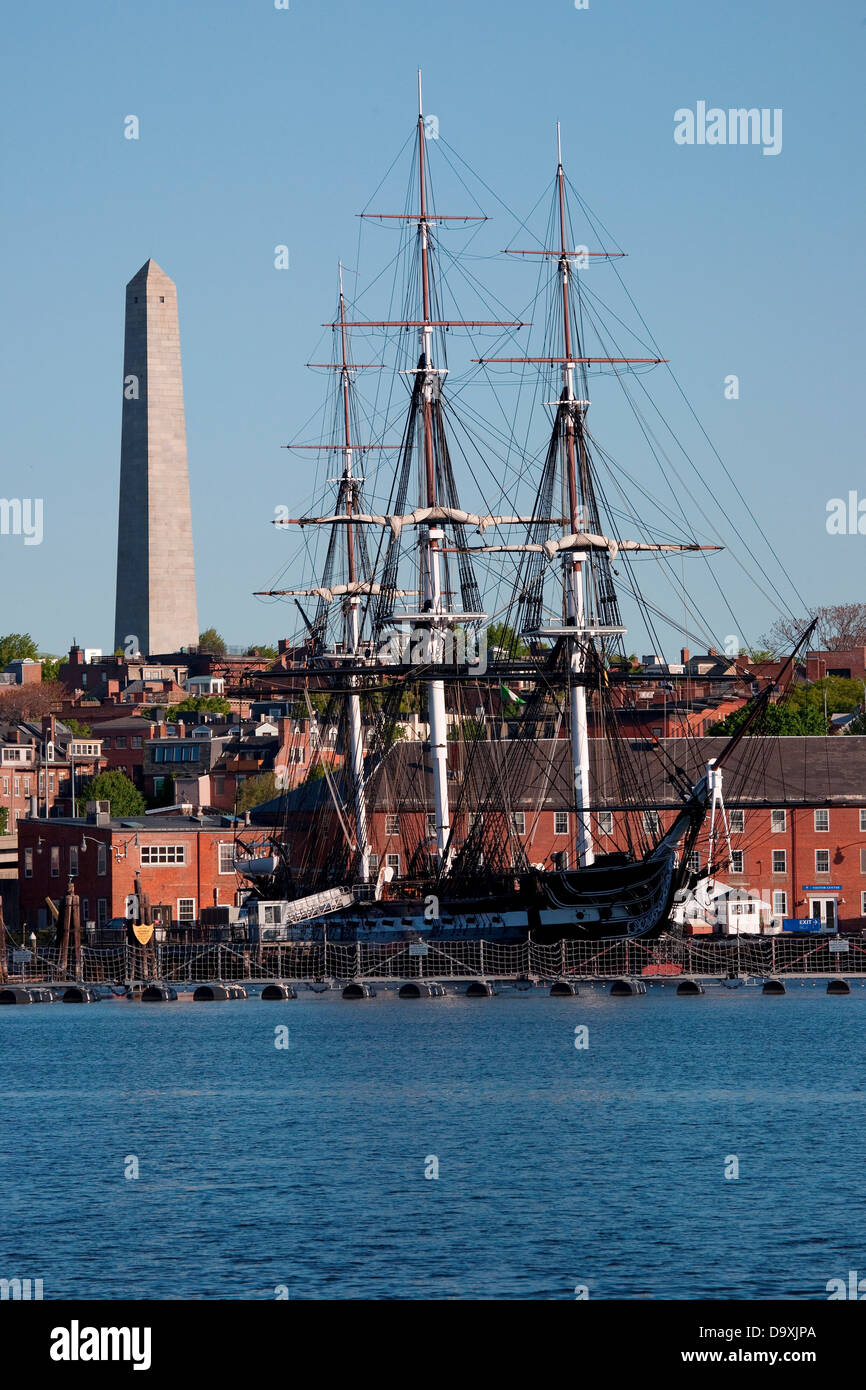 USS Constitution historic ship Old Ironsides Three Masted Frigit is seen near Bunker Hill Monument on harbor, Freedom Trail Stock Photo
