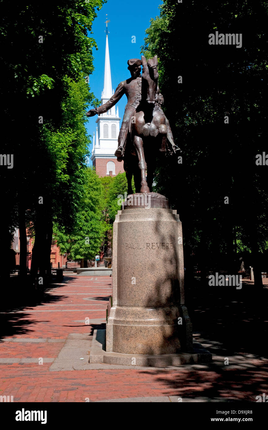 Bronze Statue Paul Revere on horse Freedom Trail in front Old North Church North End James Rego Square Hanover Street Boston MA Stock Photo