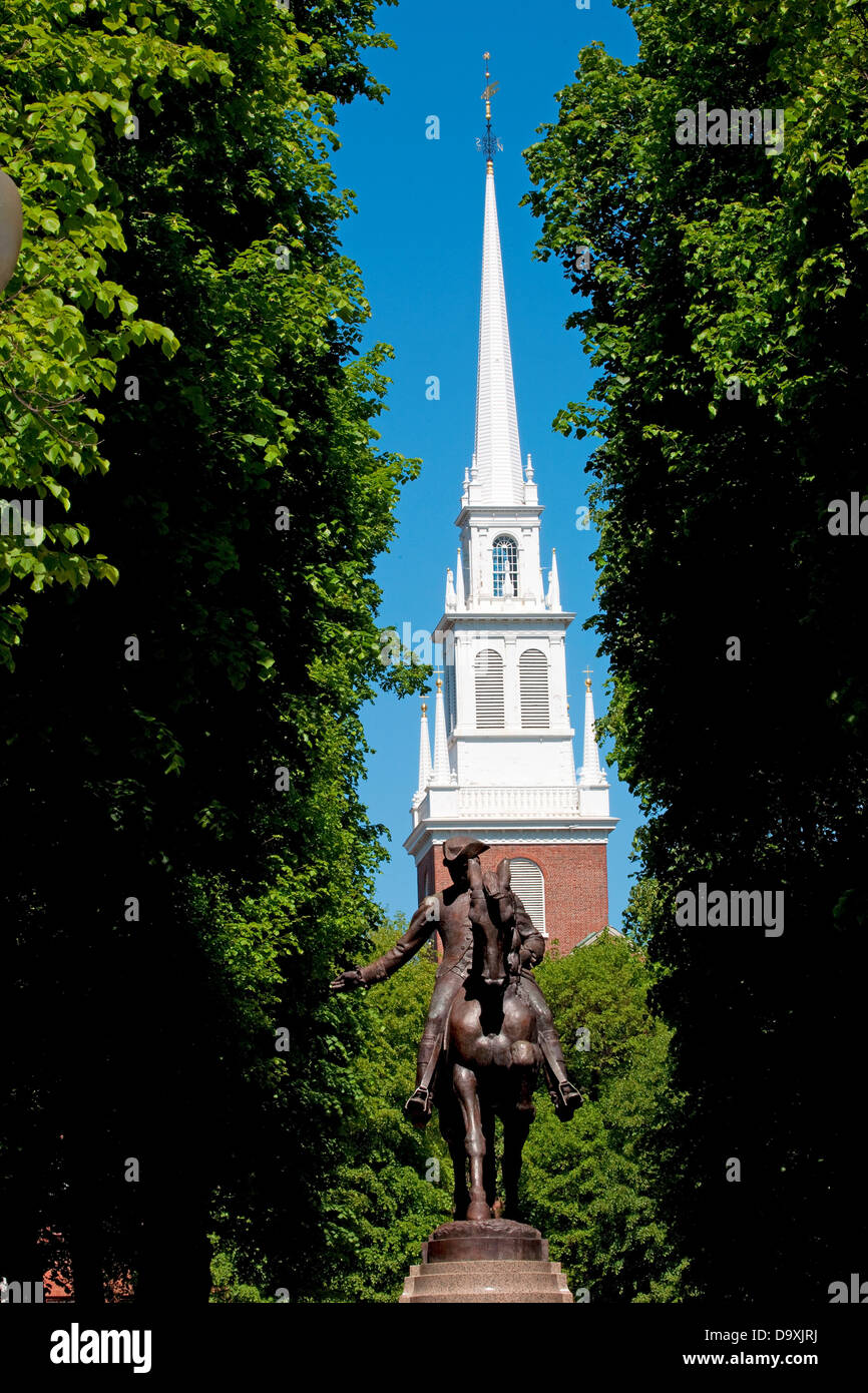 Bronze Statue Paul Revere on horse Freedom Trail in front Old North Church North End James Rego Square Hanover Street Boston MA Stock Photo