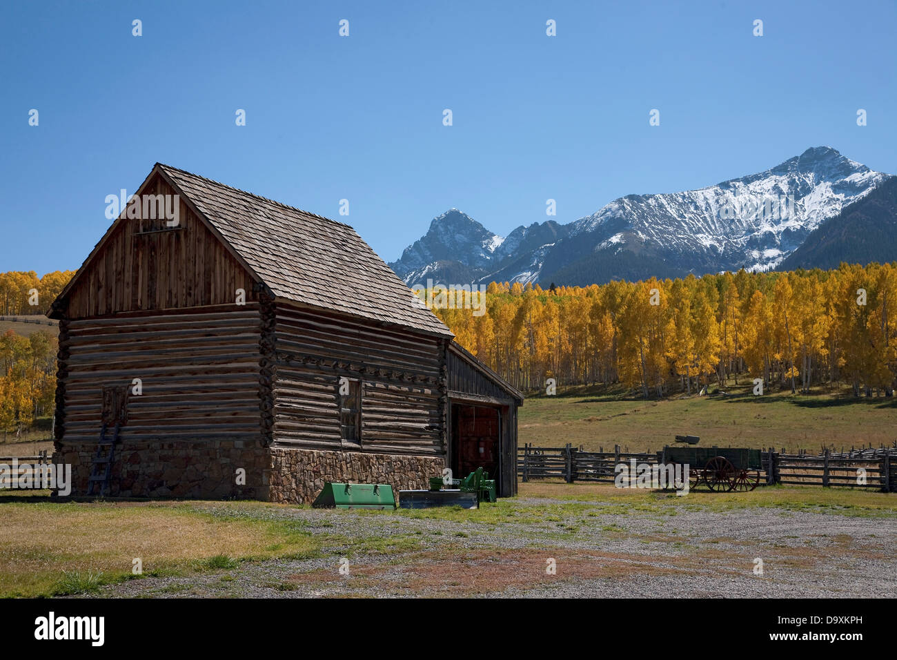 Historic cabin with Aspens and Mount Sneffels in view, Hastings Mesa