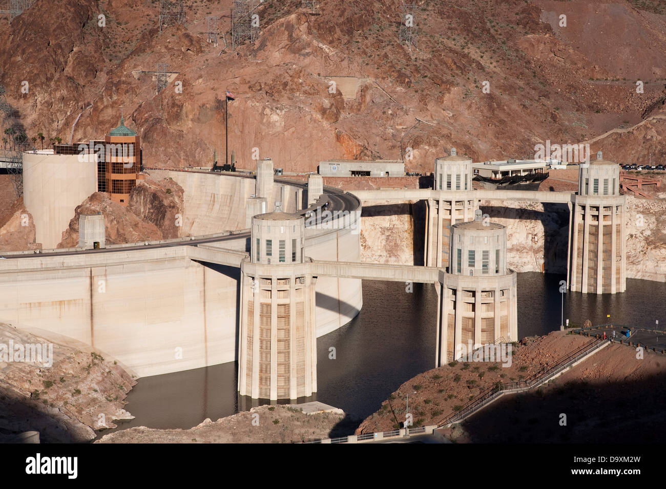Boulder City Hoover Dam (formerly Boulder dam) Lake Mead is in Black Canyon Colorado River on border Arizona Nevada it was Stock Photo