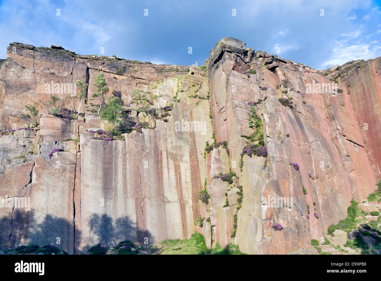 Looking up at Millstone Edge, a sheer cliff face jutting out of the Peak District landscape, Derbyshire, UK Stock Photo