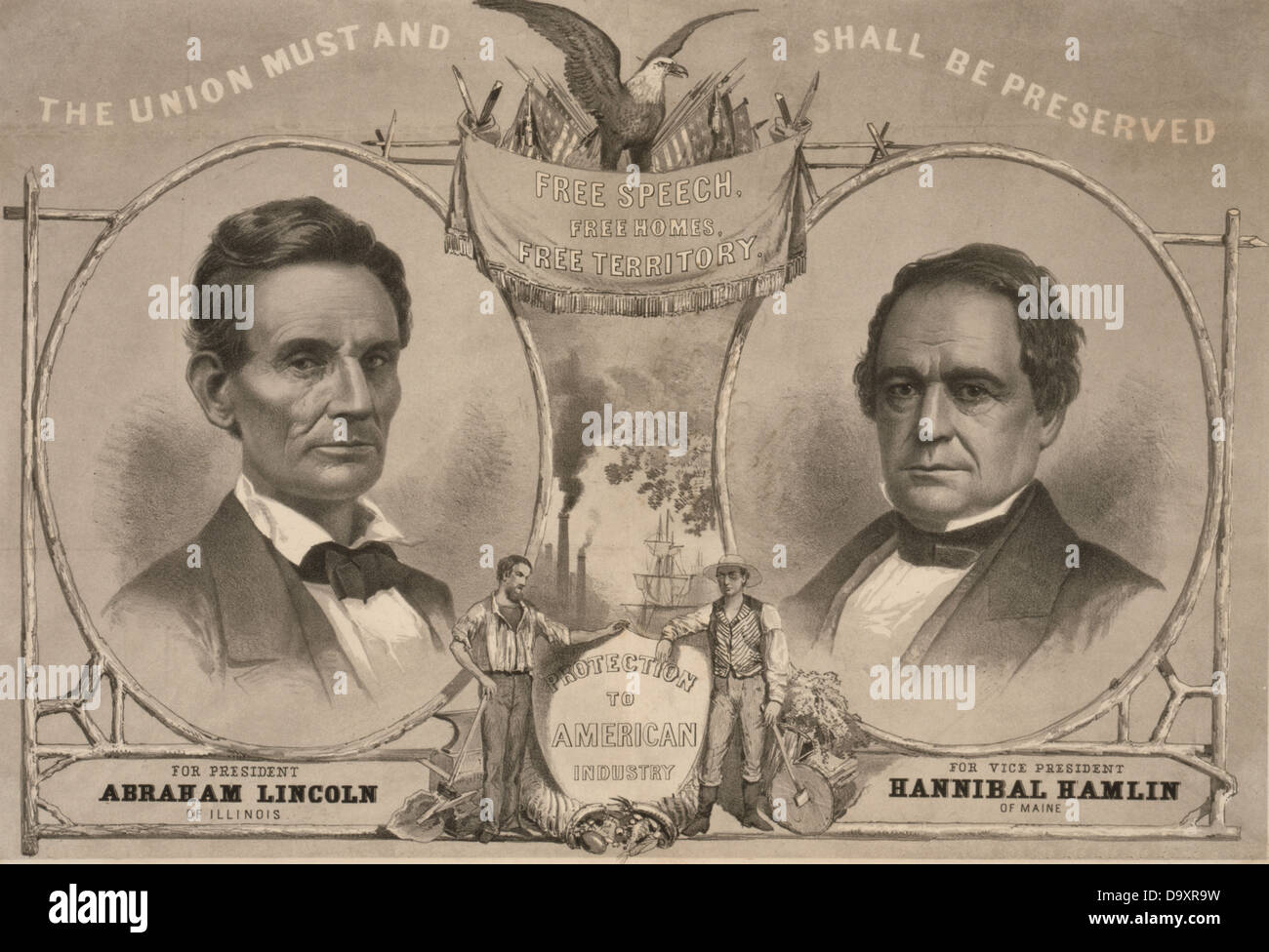 1860 USA Presidential Campaign Poster featuring Abraham Lincoln and Hannibal Hamlin Stock Photo