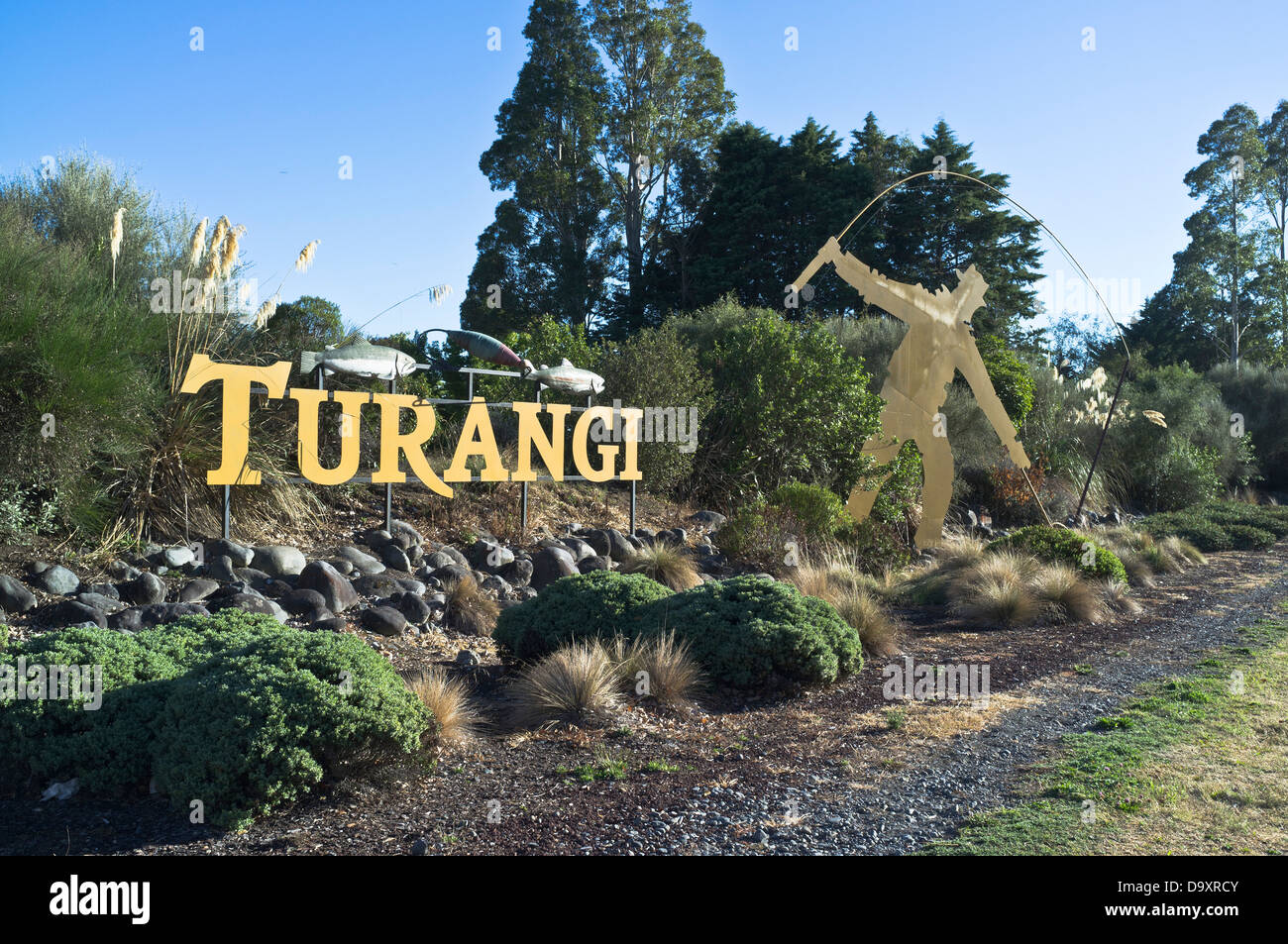 dh  TURANGI NEW ZEALAND Fisherman town sign angling nz Stock Photo