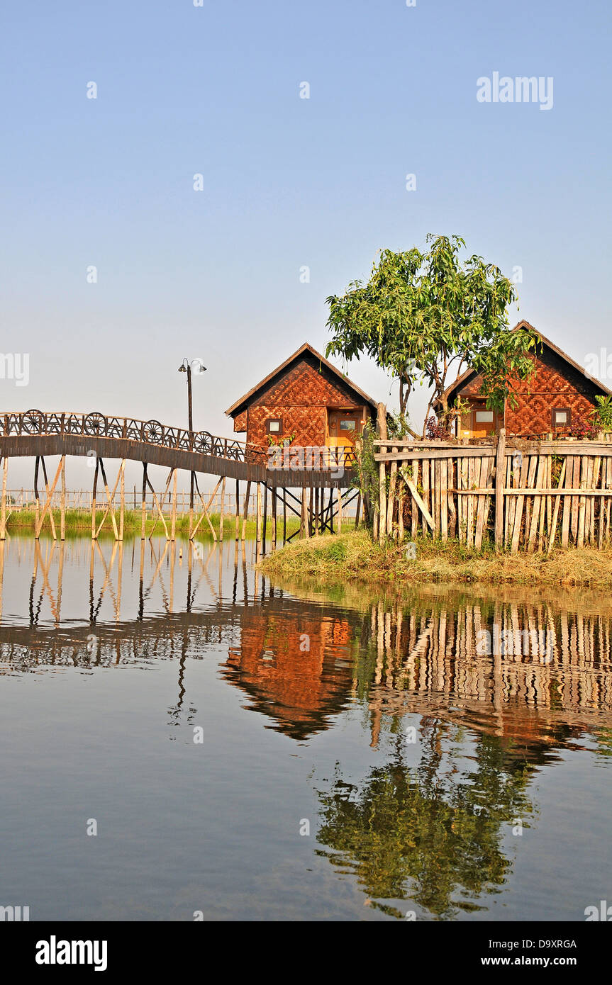 footbridge and hotel room on stilts Inle lake Myanmar Stock Photo Alamy