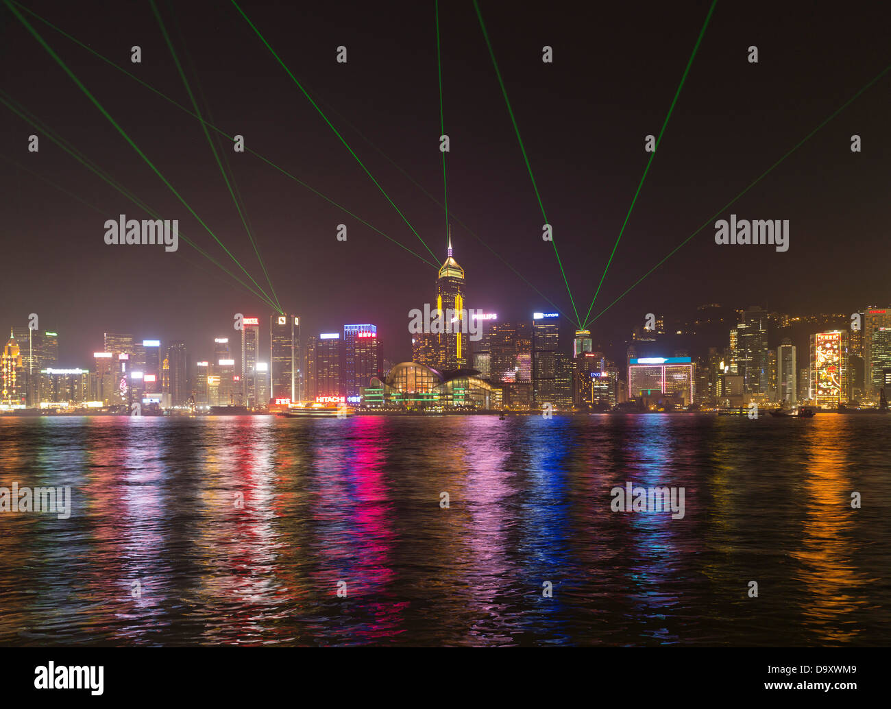 dh Symphony of Lights WANCHAI WATERFRONT HONG KONG HARBOUR Laser Show skyscrapers at night light wan chai Stock Photo