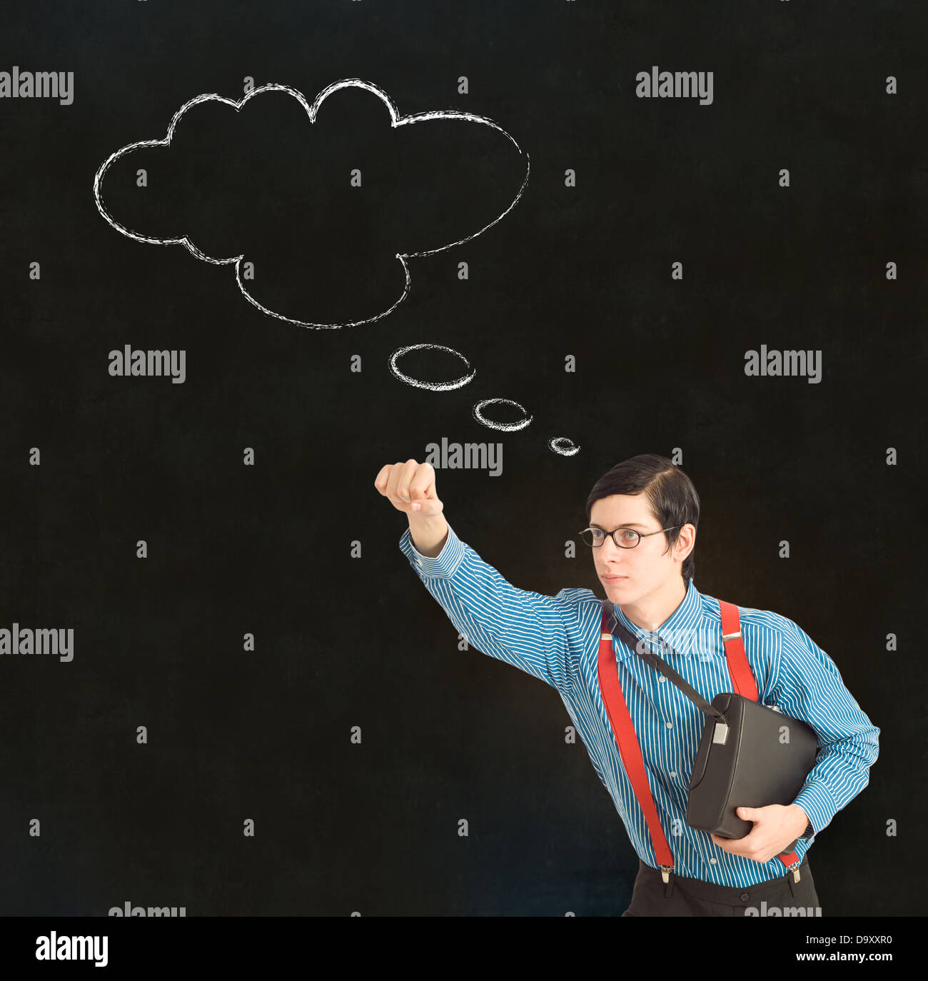 Nerd geek businessman student teacher with thought thinking chalk cloud ...