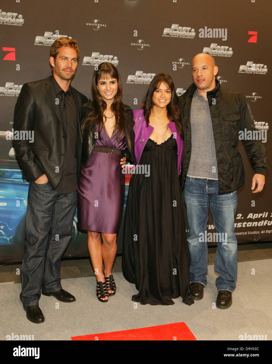 Paul Walker, Jordana Brewster, Michelle Rodriguez and Vin Diesel (l-r) at the premiere of 'Fast & Furious' in Bochum on the 17th of March in 2009. Stock Photo