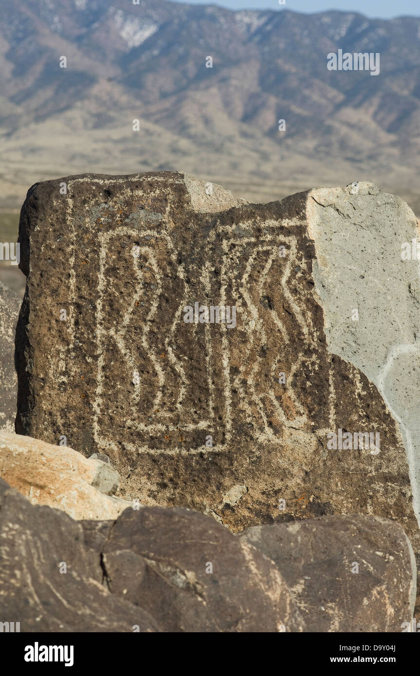 Geometric design Jornada-Mogollon petroglyphs at Three Rivers site, New Mexico. Digital photograph Stock Photo