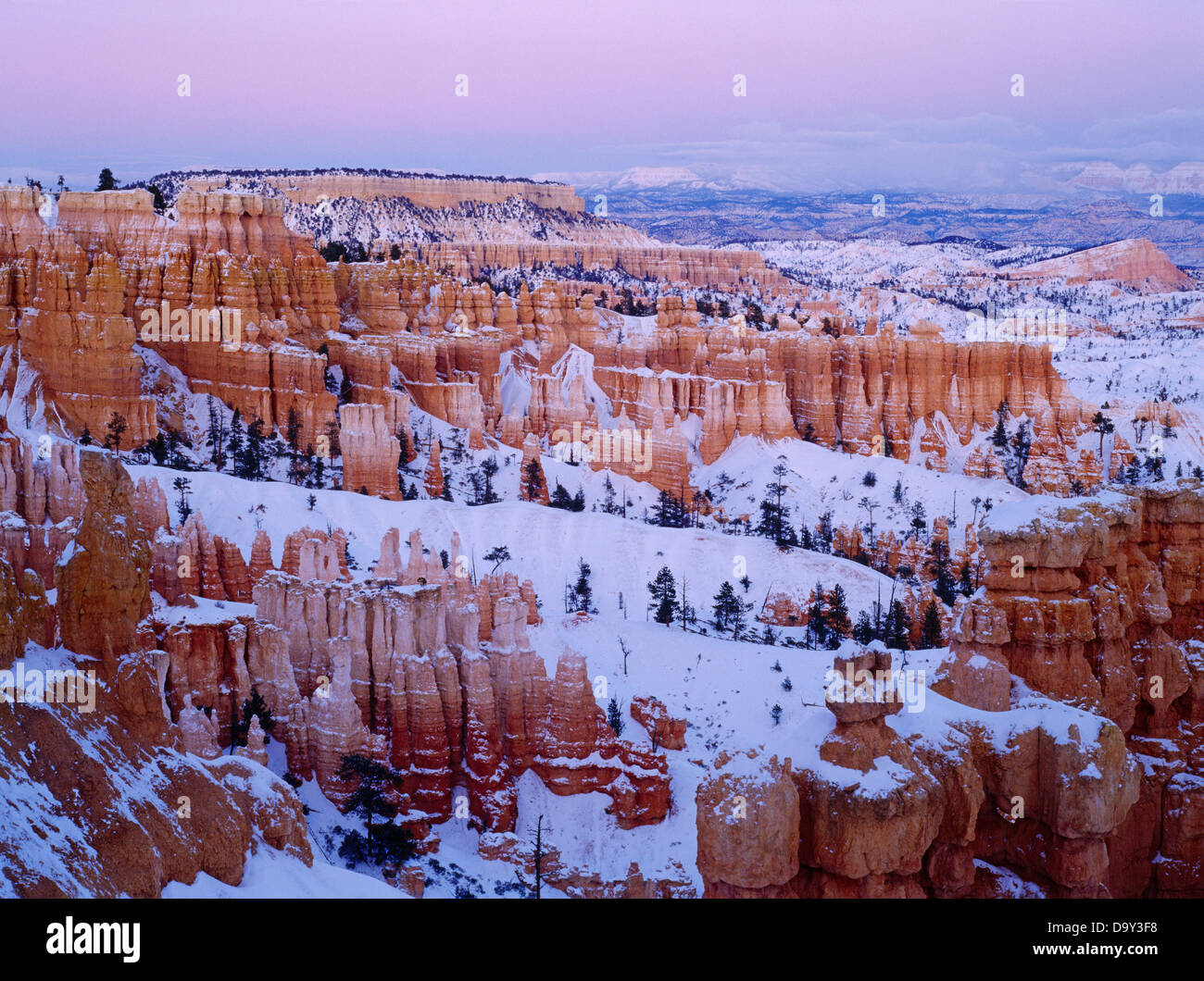 View of hoodoos, Boat Mesa and the Sinking Ship from below Sunset Point at dusk, Bryce Canyon National Park, Utah. Stock Photo