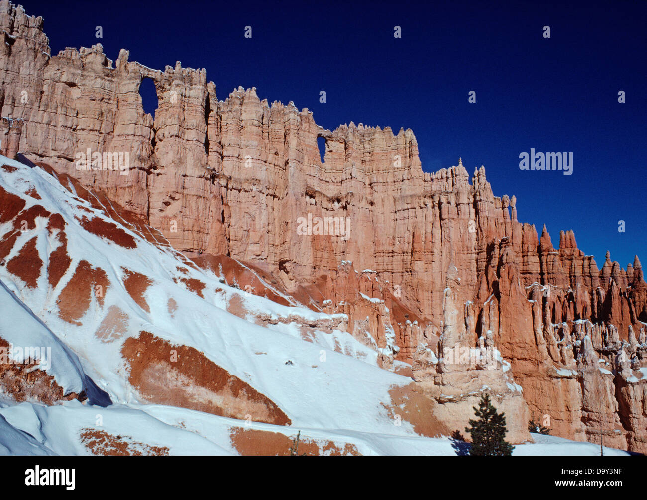 Winter view of the Wall of Windows from the Peek-a-Boo Trail, Bryce Canyon National Park, Utah. Stock Photo
